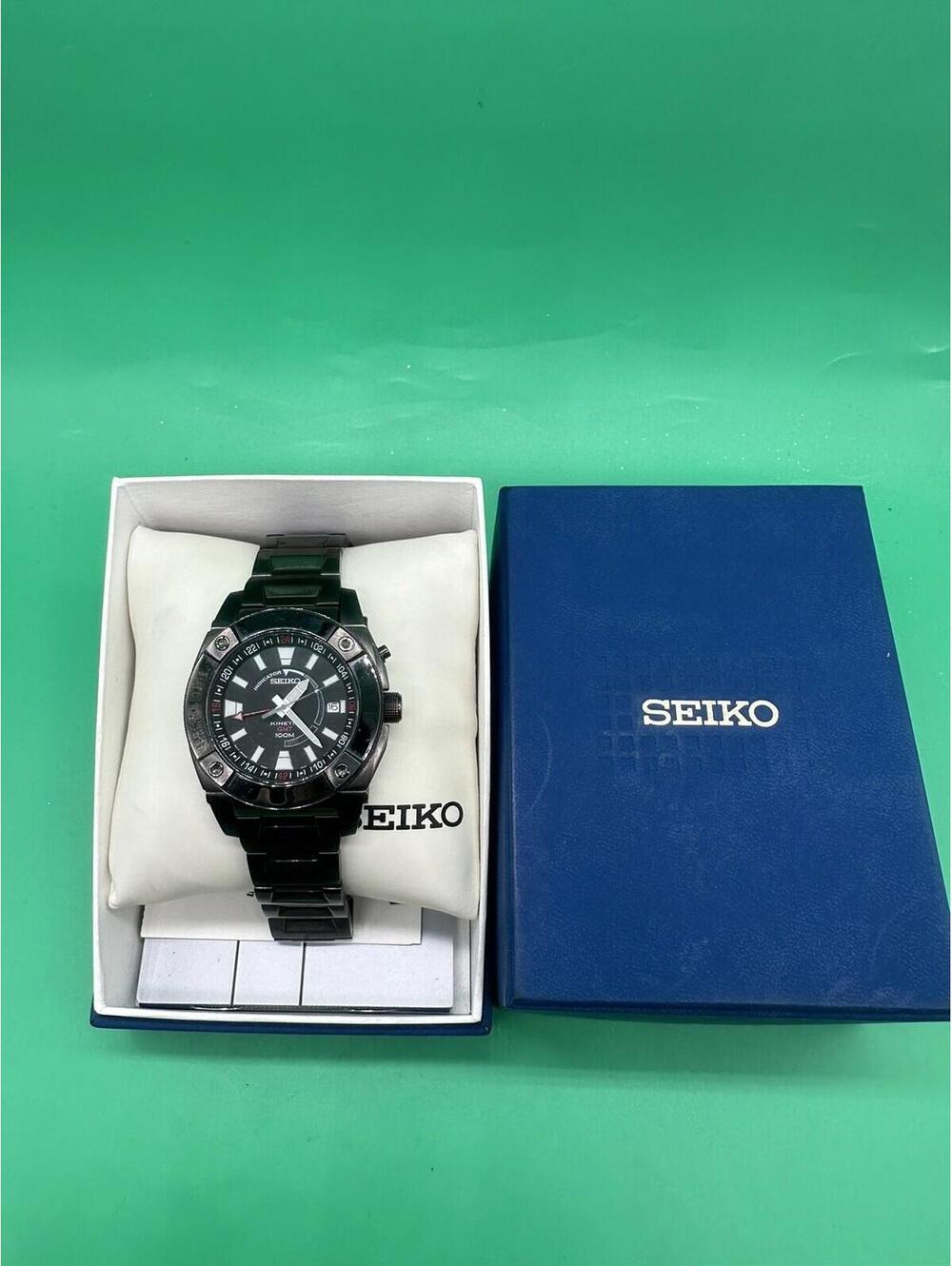 Seiko Mens 5M65-0AB0 Kinetic Divers Watch Black Stainless PVD/Date GMT Perfect